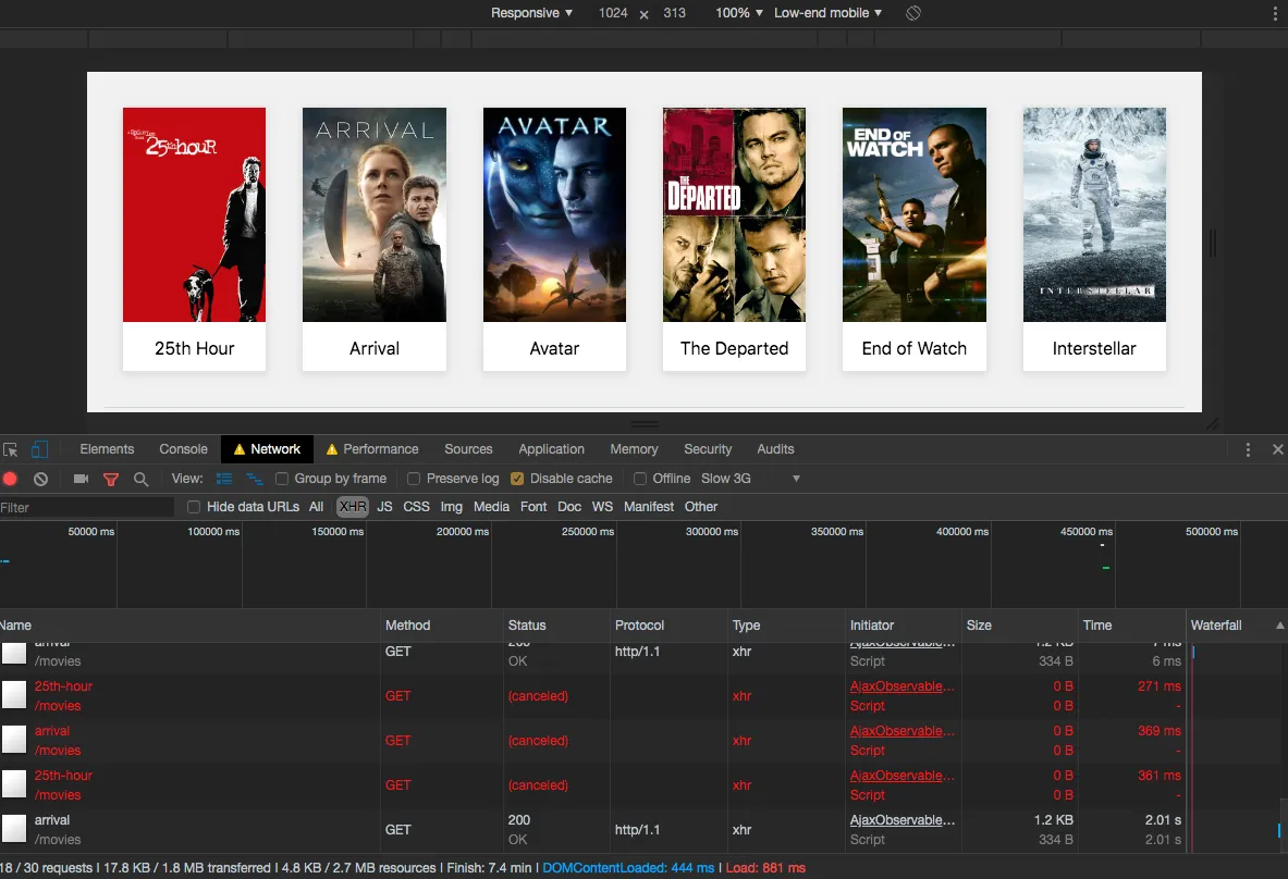 Screenshot of the Chrome devtools showing our canceled requests